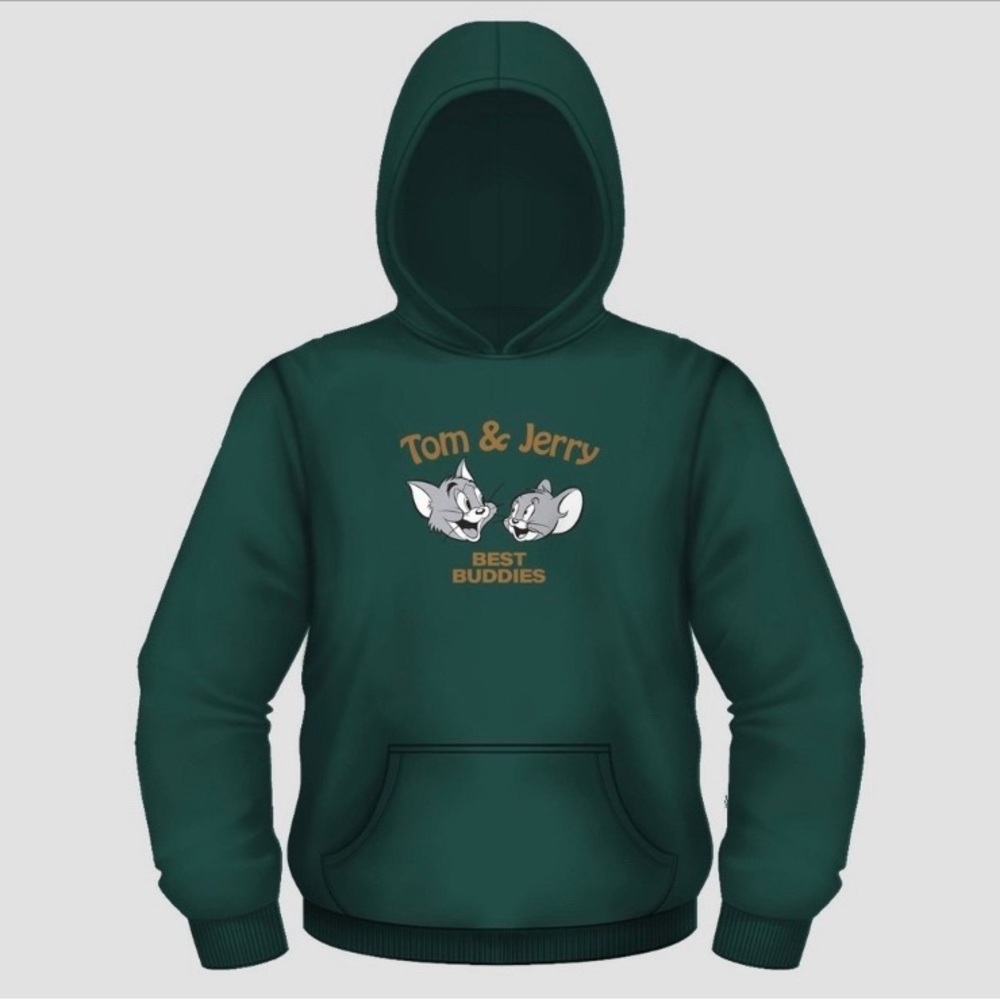 Graphic Print Tom & Jerry Pullover Hoodie Sweatshirt Pouch Pocket Green L - Picture 12 of 12